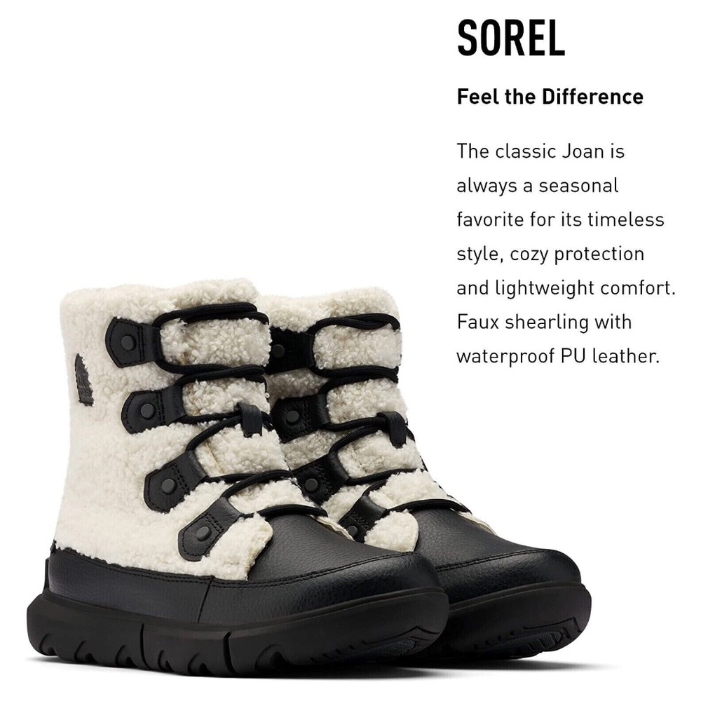 NEW SOREL Women's Explorer II Joan Cozy Boot LACE UP Black Sea Salt WATERPROOF